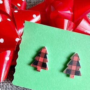 New Red & Black Buffalo Check Plaid Christmas Tree Stud Earrings - 0.75”
